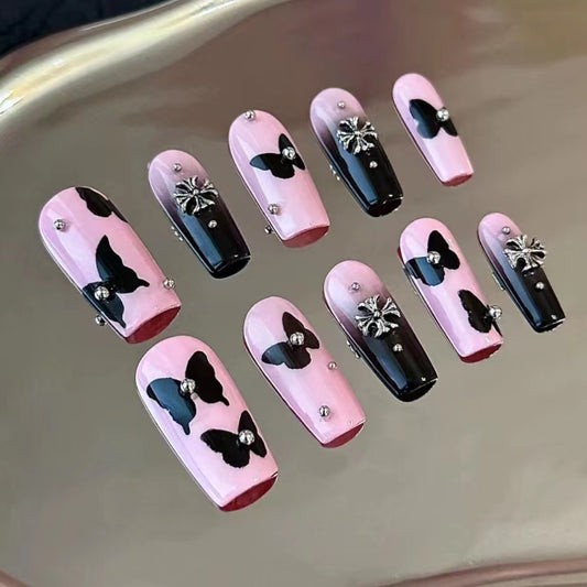 Black Crushed Diamond Butterfly Gradient Pile Diamond New Internet Red Spicy Girl Nail Beauty Wearing Armor Finished Product