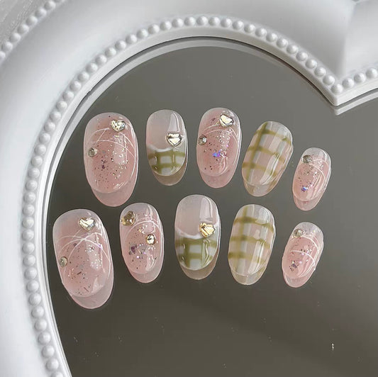 Watermelon Frozen | Handmade Wearing Armor Green Pink Checkerboard Love Water Diamond Small Fresh Oval Armor Short Style