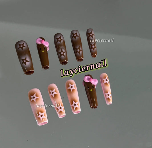 Brown and Pink Stars High Sense Nails