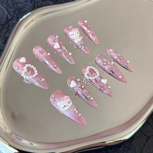 European and American hot girls powder blusher kitty rhinestone k9 diamond handmade customized nail