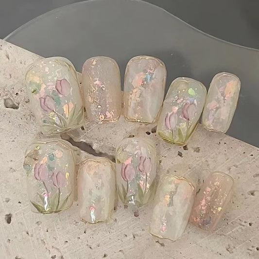 Tulip Ice Transparent Fine Sparkling Hand Painted Halo Dyed Nail Wearing Sheet
