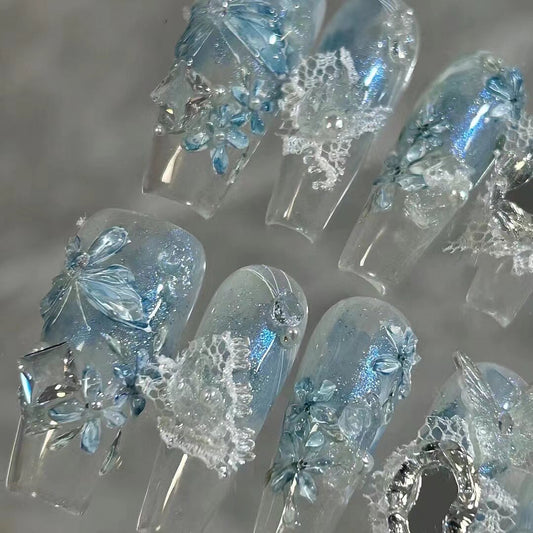 Blue ice butterfly flower cool nails
