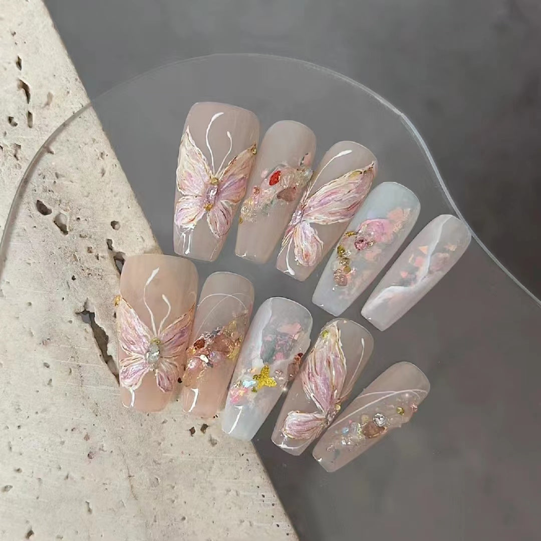 Pink nail butterfly sticker 2024 new high-end dopamine 3D relief white liquid