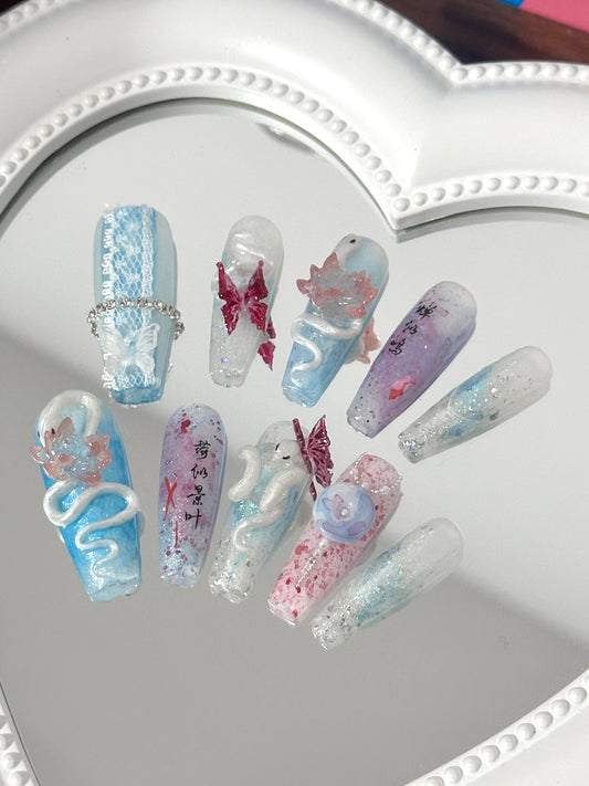 Dreamy Butterfly & Lotus Nail Art – Ethereal Elegance（size M）