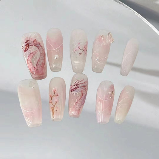 Customized Wearing Armor 2024 New Dragon Year Painted Pink Dragon New Year Nail