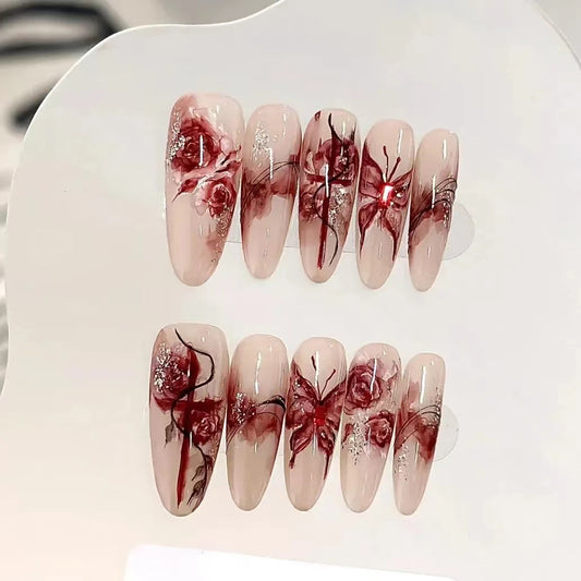 Blood Butterfly Rose Vine Cross Red Wearing Armor Handmade Customized Nail Beauty