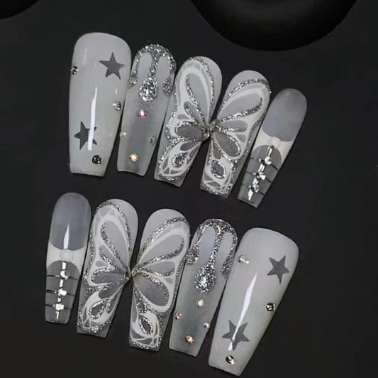 Handmade Wearing Armor with Dark 3D Relief Cat Eye Black Sparkling Diamond Butterfly Style Long Ladder Wearing Armor