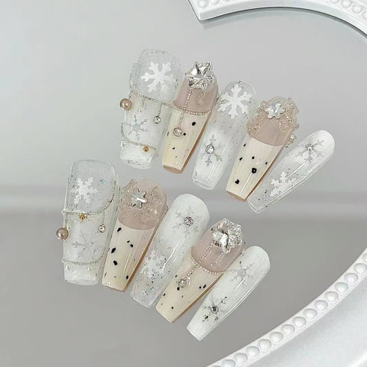 Ice transparent nude snowflake handmade nail art, girl heart wearing armor