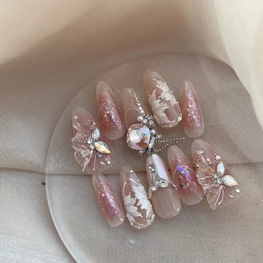 Light luxury pile diamond hand-painted flower fairy gas pure handmade wearable nail patch with detachable nail art