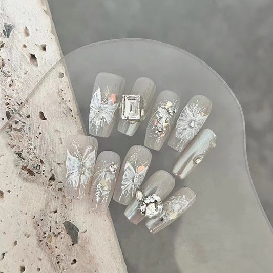 Handdrawn Flower Carving with Transparent Bottom Square Diamond Wearable Nail Art