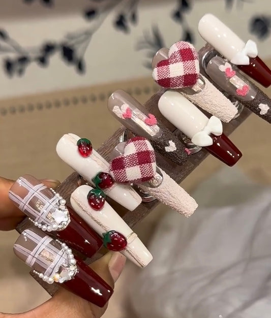 Red plaid strawberry love nails