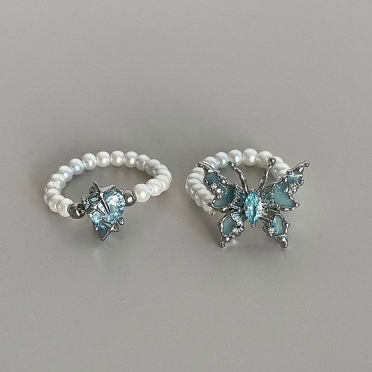 Blue butterfly pearl ring