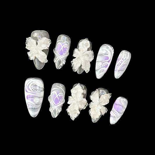 Ethereal 3D Floral Nail Set with Lavender Accents