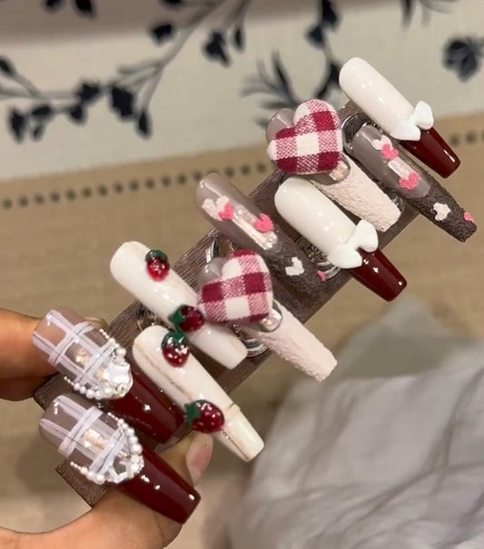 Red plaid strawberry love nails