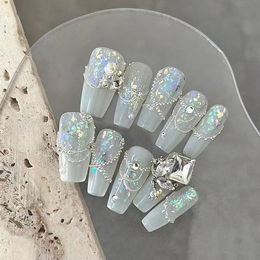 Handmade French style blue and white sugar pile diamond nail polish with detachable use
