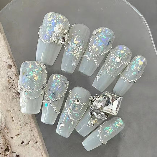 Handmade French style blue and white sugar pile diamond nail polish with detachable use