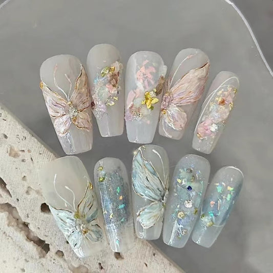 Blue pink nail butterfly sticker 2024 new high-end dopamine 3D relief white liquid