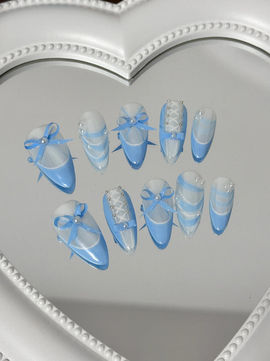 Elegant Ballet-Inspired Blue Ribbon Nail（size M）