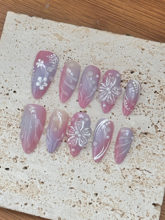 Dreamy purple hand-painted floral 3D three-dimensional wearing armor, romantic and exquisite fingertip art