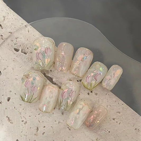Tulip Ice Transparent Fine Sparkling Hand Painted Halo Dyed Nail Wearing Sheet