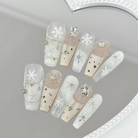 Ice transparent nude snowflake handmade nail art, girl heart wearing armor