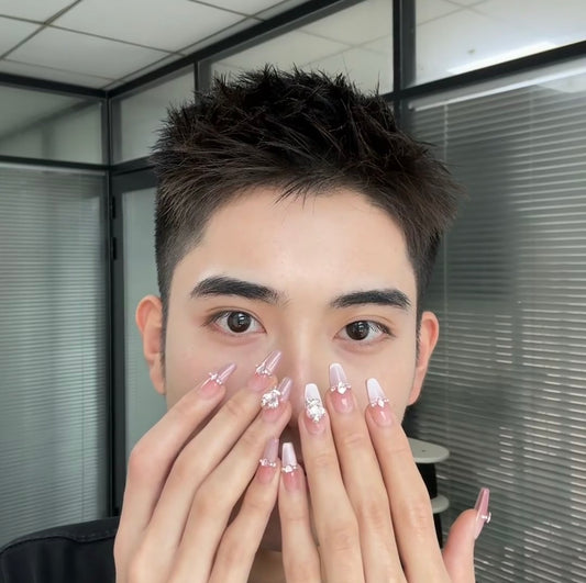 Elegant Pink French Manicure with 3D Gem Accents