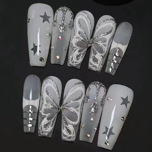 Handmade Wearing Armor with Dark 3D Relief Cat Eye Black Sparkling Diamond Butterfly Style Long Ladder Wearing Armor