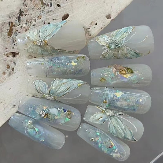 Blue nail butterfly sticker 2024 new high-end dopamine 3D relief white liquid