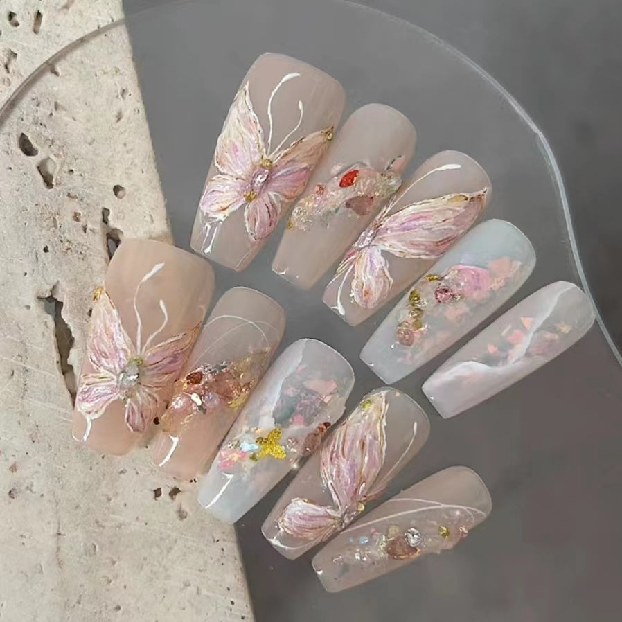 Pink nail butterfly sticker 2024 new high-end dopamine 3D relief white liquid