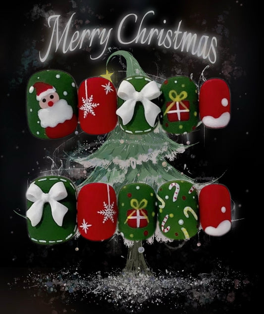 Red and green bow Christmas nails