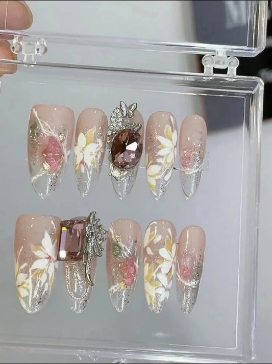 White flowers diamonds nails