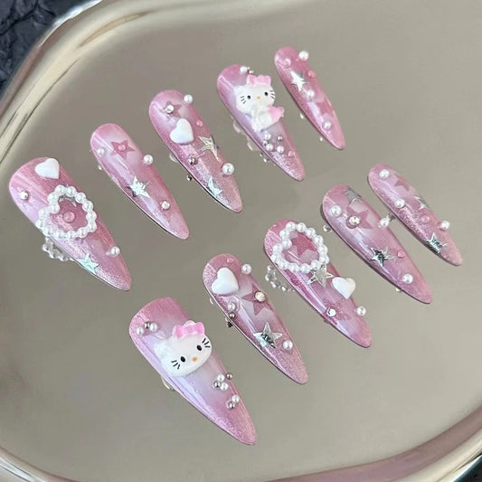 European and American hot girls powder blusher kitty rhinestone k9 diamond handmade customized nail