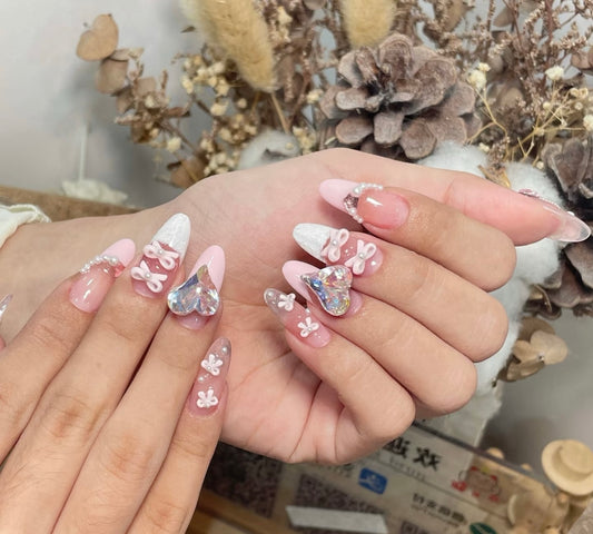 Elegant Pink Charm Nail Set with 3D Heart & Bow Accents