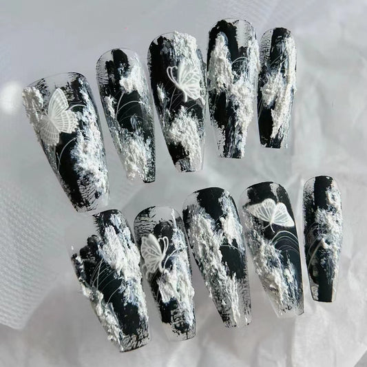Handmade wearing armor Y2K silver white three-dimensional hand drawn silver chain nail art