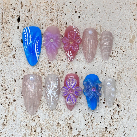 Vibrant 3D Floral and Pearl Press-On Nails