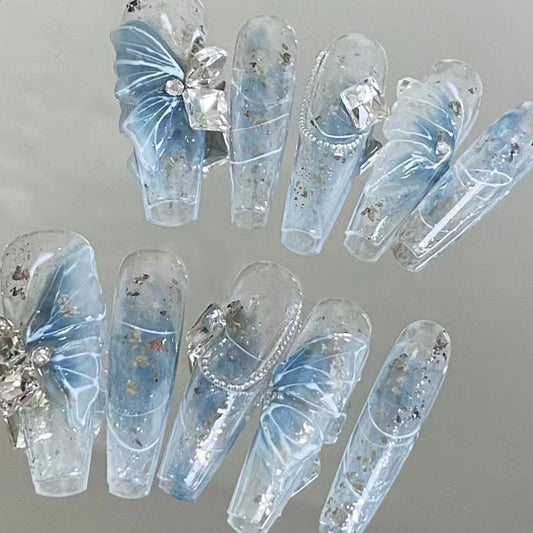 Blue Jade Butterfly Nail Art Ice Sand Super Sparkling Immortal Spirit Nail Art Pure Handmade