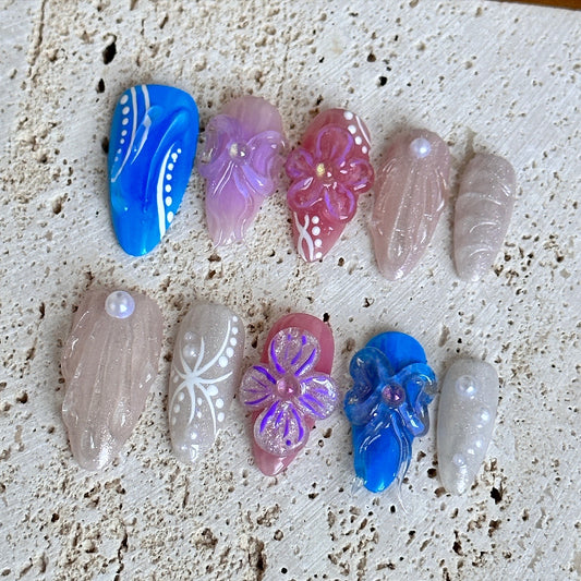 Vibrant 3D Floral and Pearl Press-On Nails