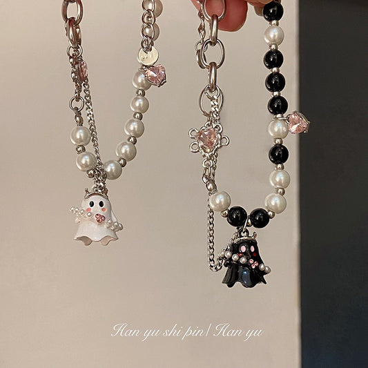 Sweet and cool black and white ghost bracelet personalized niche design cold wind double-layer beaded couple bracelet
