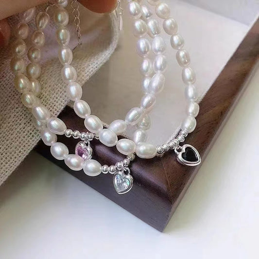 Handmade 925 sterling silver natural pearl bracelet women's zircon love niche design temperament versatile Internet celebrity trend