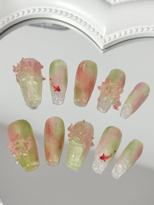 Serene Lotus Pond Nail Art Set（size M）
