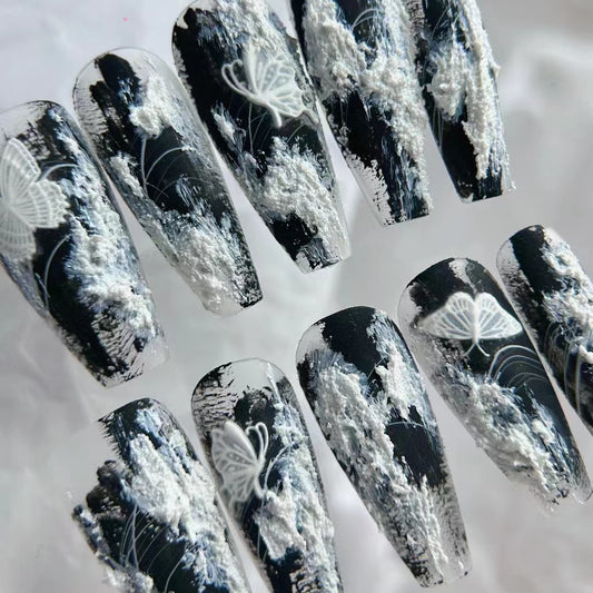Handmade wearing armor Y2K silver white three-dimensional hand drawn silver chain nail art