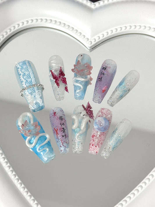 Dreamy Butterfly & Lotus Nail Art – Ethereal Elegance