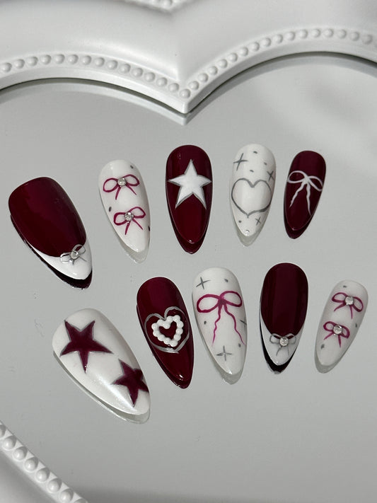 Chic Wine Red & White Nail （size M）