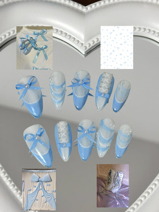 Elegant Ballet-Inspired Blue Ribbon Nail（size M）
