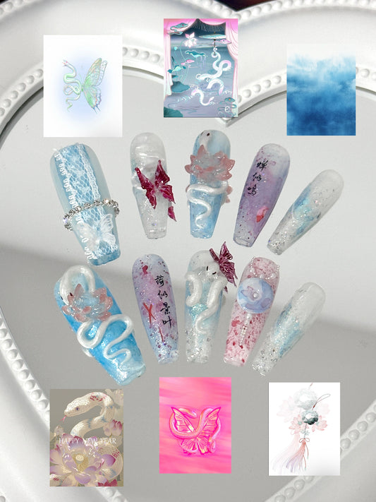 Dreamy Butterfly & Lotus Nail Art – Ethereal Elegance（size M）