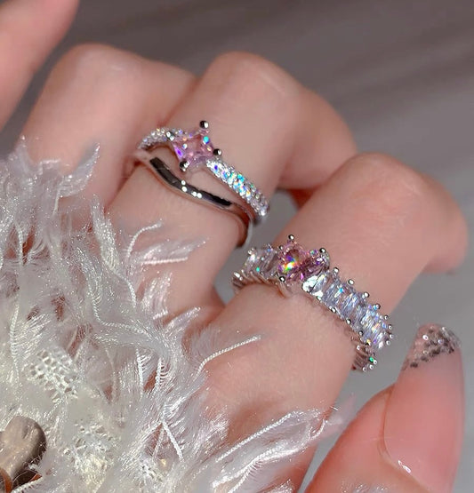 Pink Galaxy/niche design pink diamond ring love zircon fashionable versatile girl sweet and cool index finger ring