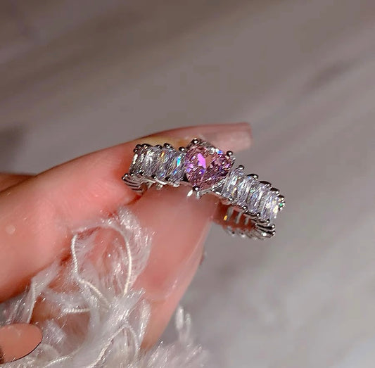 Pink Galaxy/niche design pink diamond ring love zircon fashionable versatile girl sweet and cool index finger ring