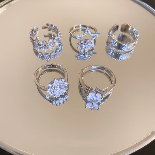 Zircon snowflake rotatable opening ring temperament light luxury high-end index finger ring