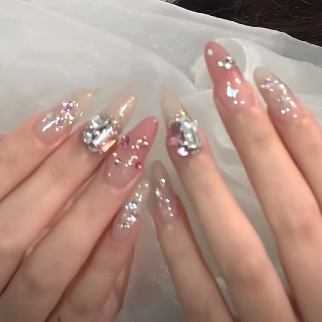 Twisted star pink delicate diamond press on nail