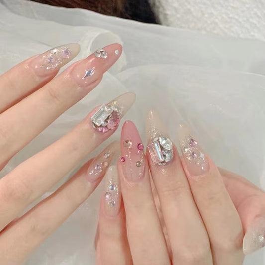 Twisted star pink delicate diamond press on nail